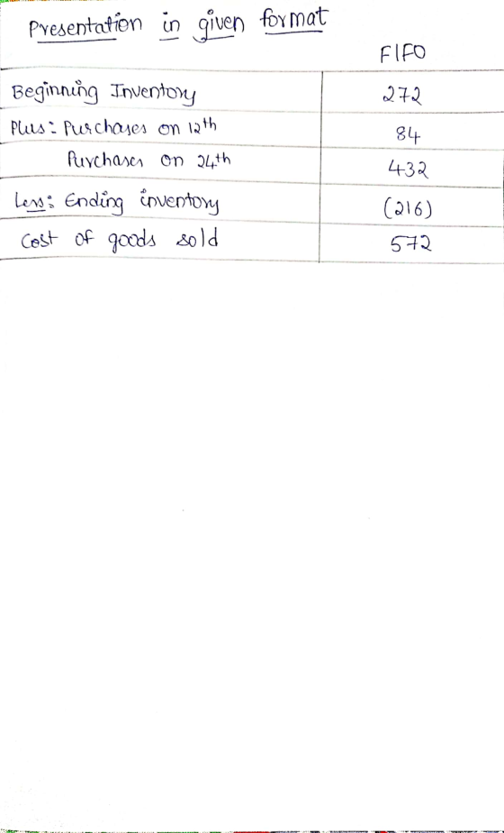 Presentation in given format FIFO 272 Beginning Inventory Plus: Purchases on 12th Purchases on 24th 84 432 (216) Lens Ending