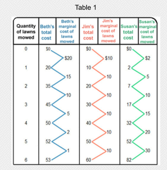 Table 1 Beths Jims Susans Quantity Beths marginal Jims marginal Susans margina of lawns total cost of total COst of total cost of mowedostlawns ostwns cost lawns mowed mowed mowed S20 S10 20 10 15 35 20 10 10 10 45 17 15 32 20 52 52 82