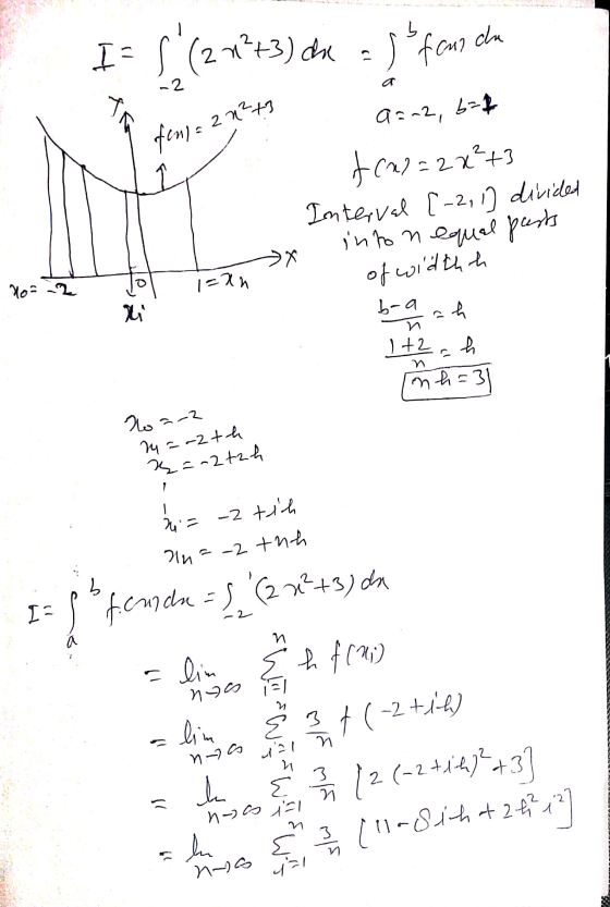 b chu I= S (2n?+3) dove I foun - 2 2 n²t3 fensa a a=-2, b=2 f(2)=2x²+3 Interval [-2, 1) divided infon equal pasts >X of wildt