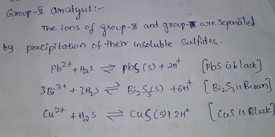 Group- analysis: - The ions of group.I and group- are separated by precipitation of their insoluble Sulfides. Pb2+ + Hy s = p