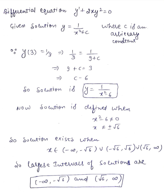 Itzk. Differential equation yt any 2=0 Given Solution where cidan. arbitrary condtant oo Y (3) = 1/3 - 1/5 = ste = 9+= 3 - C