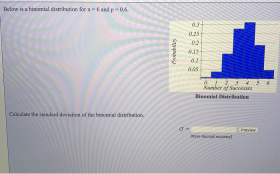 Below is a binomial distribution for n 6 and p 0.6 0.3 0.25 0.2 S0.15 0.1 0.05 Number of Successes Binomial Distribution Calc