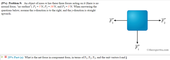 (9%) Problem 9: An object of mass m has these three forces acting on it (there is no normal force, no surface). Fi-5N, F2-10N, and F3 N. When answering the questions below, assume the x-direction is to the right, and the y-direction is straight upwards Otheexpertta.com 25% Part (a) What is the net force in component form in terms of Fi,F2,F3. and the unit vectors i and j