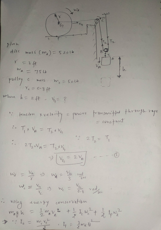wc NG P given disc mass (ma) = 152016 A r = 3ft WA h - 75W с pulley mass m = 506 Xe = 0.qft when h=2ft. Vo = ? tension X velo