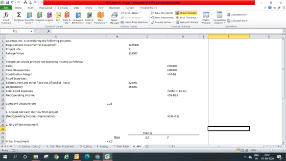 File A O x fic Calculate Now 31.07.2020 (2) - 1 Ques - Microsoft Excel (Product Activation Failed) Home Insert Page Layout Fo