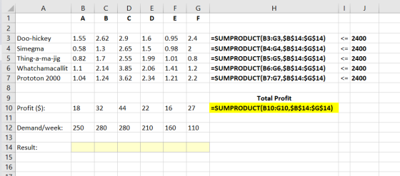 с D E F G H J 1 B с D E F 2.62 2.9 1.6 0.95 2.4 <= 2400 A B А 2 3 Doo-hickey 1.55 4 Simegma 0.58 5 Thing-a-ma-jig 0.82 6 What