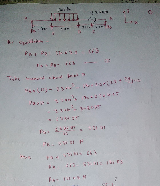 TERR 170 Hlm 3.3kih 3.3 km 9 o E For mam Rp 2.7 T 7.9m 2.70 k 2.7m | RB T 2.7m 2.7m TRR р с equilibrium - RAT RB= 170 x 3.9 -