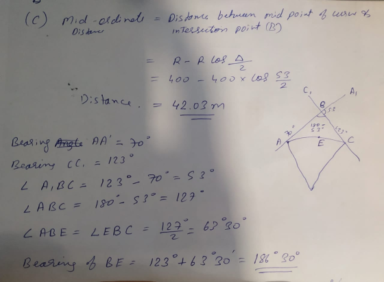(C) . mid esdinete - Distane Distance between mid point of wow & intessution point (B) = R-R los a = 400 - 400XL 2 Distance -