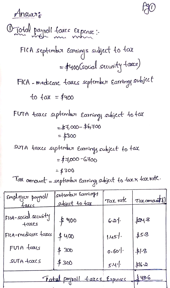 Pgo Answers 0 Total payroll faxes Expense :- mah FICA september Earnings subject to tax = $400(social security faces) FICA -