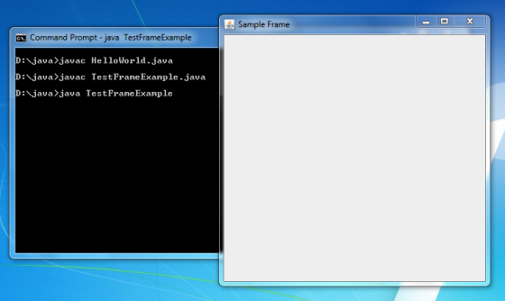Sample Frame Command Prompt - java TestFrameExample D:\java?Javac HelloWorld.java D:Java〉javac TestPraneExample.java D:\java〉java TestFrane Example