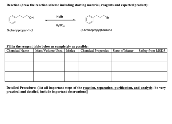Reaction (draw the reaction scheme including starting material, reagents and expected product): OH NaBr H2SO4 3-phenylpropan-