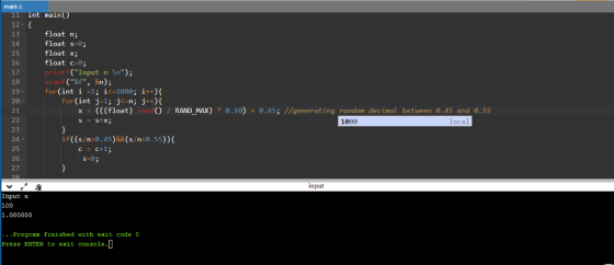 main.c nt main 13 14 15 16 17 18 19 20- 21 float n; float s-0; float x; float c-e printf(Input n In); scanf(%f, &n); for(