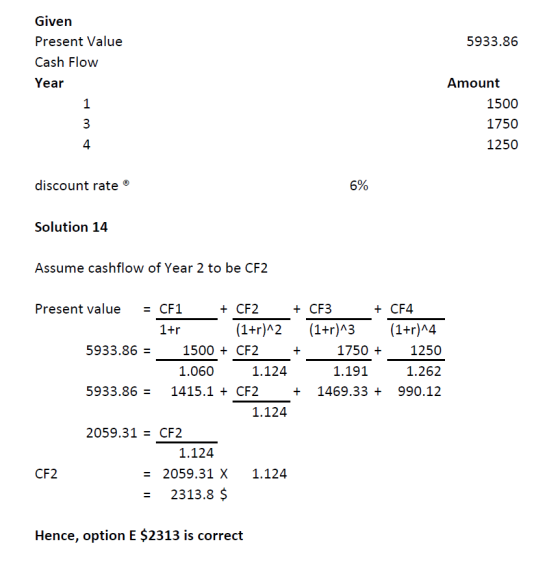 Given 5933.86 Present Value Cash Flow Year Amount 1 1500 3 1750 4 1250 discount rate 6% Solution 14 Assume cashflow of Year 2