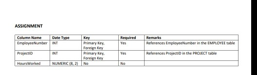 ASSIGNMENT Column Name EmployeeNumber INT ProjectiD HoursWorked Date Type Required Remarks References EmplayeeNumber in the E