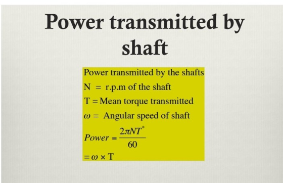 Power transmitted by shaft Power transmitted by the shafts N = r.p.m of the shaft T = Mean torque transmitted Angular speed o