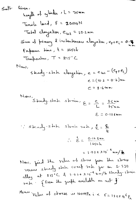 solt hirem, hength of cylinder L = 75mm Tensile load, f = 2000N Total elongation, exot = 10.2 mm Sum of primary & instantaneo