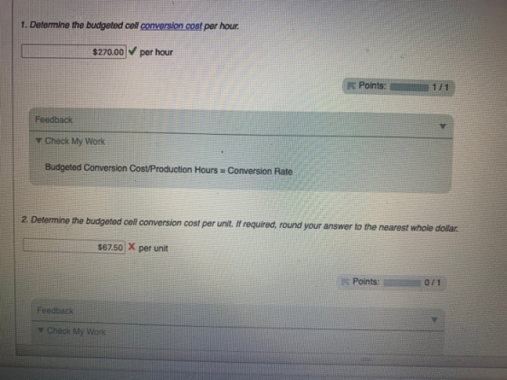 1. Determine the budgeted cell converslon cost per hour $270.00 per hour Points: 1/1 Feedback Y Check My Work Budgeted Conver