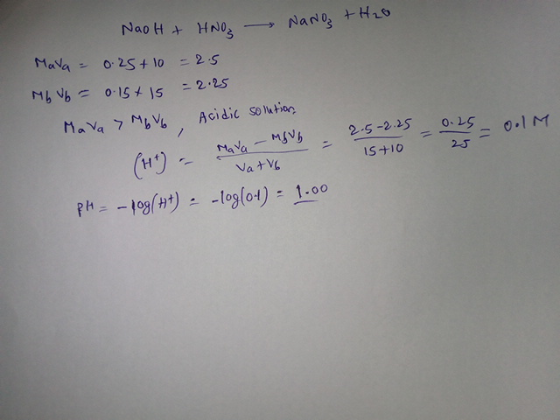 NaoH + HNO Nano + H2o. Mata = 0.25 + 10 = 2.5 Mb vb = 0.15+ is = 2.25 Mava > MOV6 Acidic solution Mala - Mg Ub - 2.5-2.25 -0.