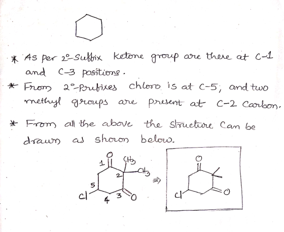 * E * E As per 2-suffix Ketone group are there at Cal and C-3 positions. .. From a Prefixes chloro is at C-5; and two methyl