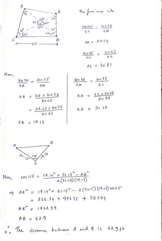 How from rine rule 65 US 65° Sin115 60 50 450 sin 20 OD 400 1204 Op 22,64 Sinus Sin 115 60 OC = 46.81 Now, Sin so sin 65 Sn 4