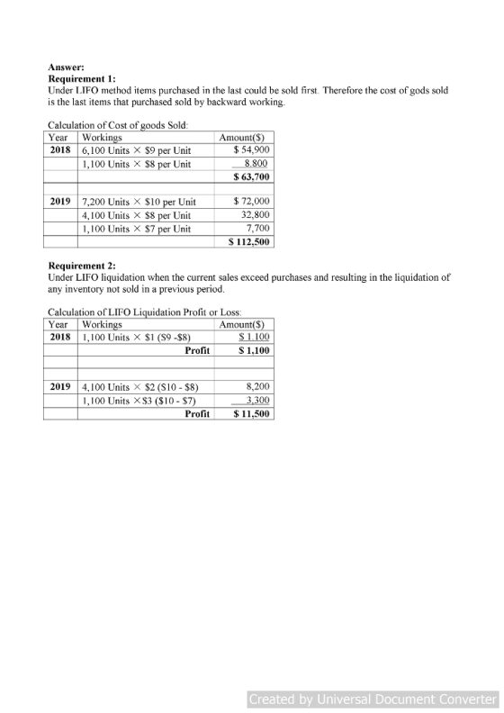 Answer: Requirement 1: Under LIFO method items purchased in the last could be sold first. Therefore the cost of gods sold is