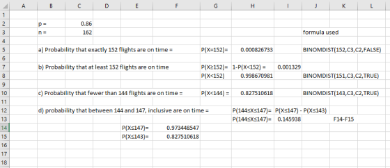 J K L 0.86 162 formula used a) Probability that exactly 152 flights are on time = P(X=152)= 0.000826733 BINOMDIST(152,C3, C2,