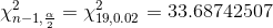 \chi^{2}_{n-1, \frac{\alpha}{2}} = \chi^{2}_{19,0.02} = 33.68742507