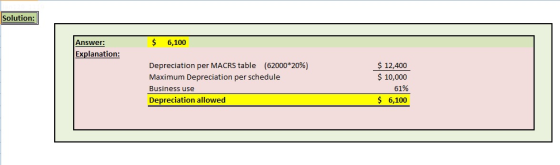 Solution: Answer: $ 6,100 Explanation: Depreciation per MACRS table (62000*20%) Maximum Depreciation per schedule Business us