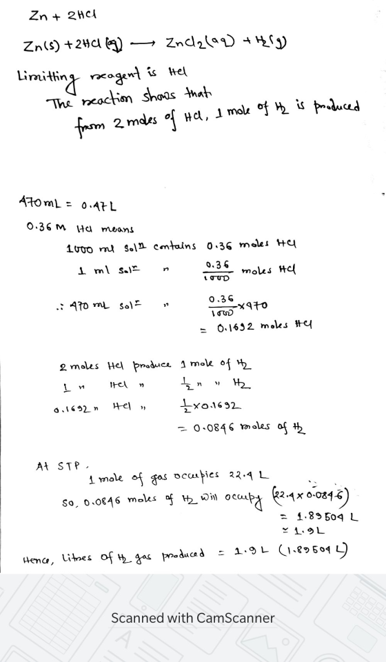 Zn + 2HCl Zn(s) + 24 (119 Znchlag) H19) Limitting reagent is Hel The reaction shows that from 2 modes of Hd, I mole of this p