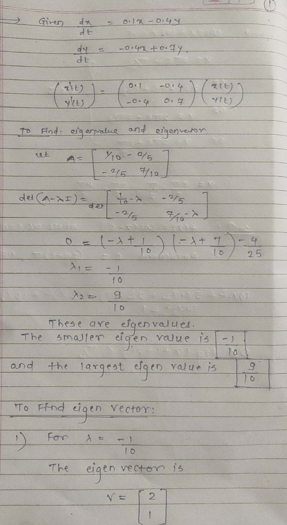 Giren - = 0.18-0.44 dx dt dy = de -0.42 + . - 0.1 -0.4 TE) (alt) YE) to find eigenvalue and eigenveton. [ 0 - 0/5 -215 7/10 d
