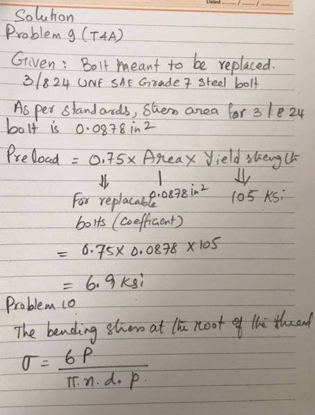 Dated Solu hon Problem g (TAA) Graven Belt Peant to be replaced 3/8 24 UNE SAE Grade 7 Steel bolt As oo lt is & tandords, 8ta