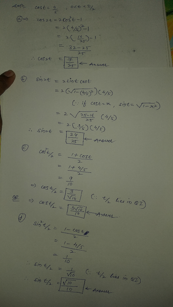 Los cost 4 , olt el @ cosat = 2 cost- = 2(4/5) -1 - 2016-1 cosat = 32-25 1 2 - Answer ③ sinnt = asist cost = 2 (VT-(4/5)2) (4