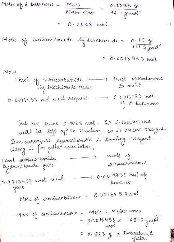 Moles of 2-butanone = Mans Molar man - - 0.20125 g 72. Ignol 0.0028 mol Moles of semi carbazide hydrochloride = 0.15 g 117.5
