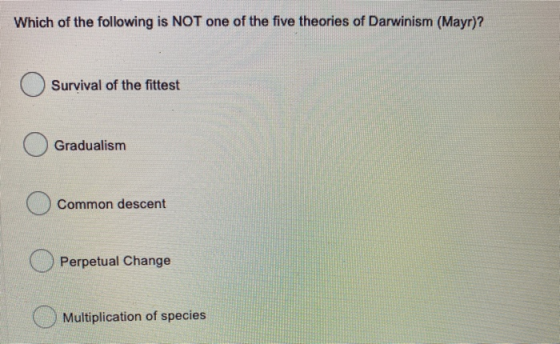 Which of the following is NOT one of the five theories of Darwinism (Mayr)? Survival of the fittest Gradualism Common descent
