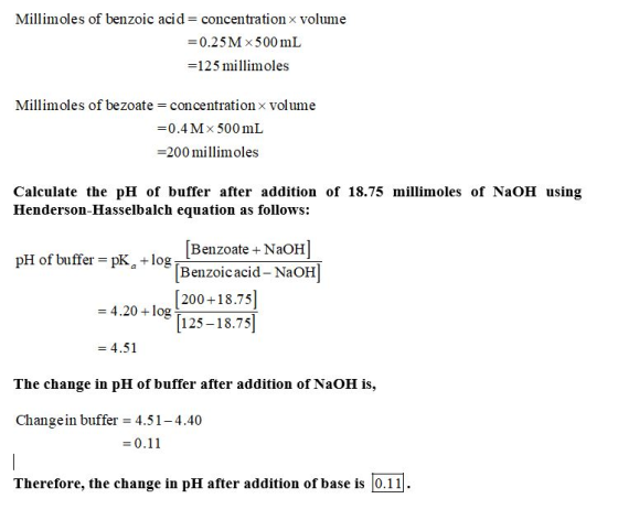 Millimoles of benzoic acid = concentration x volume =0.25M X 500 mL =125 millimoles Millimoles of bezoate = concentration x v