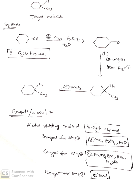 С сыз Torget molecule Synithesis Joh @ cros, Hesoy, H2O [5. Cyclo hexanol Otsing Br Then 420 @ soch OH CH3 - CH3 Reaguts/ alc