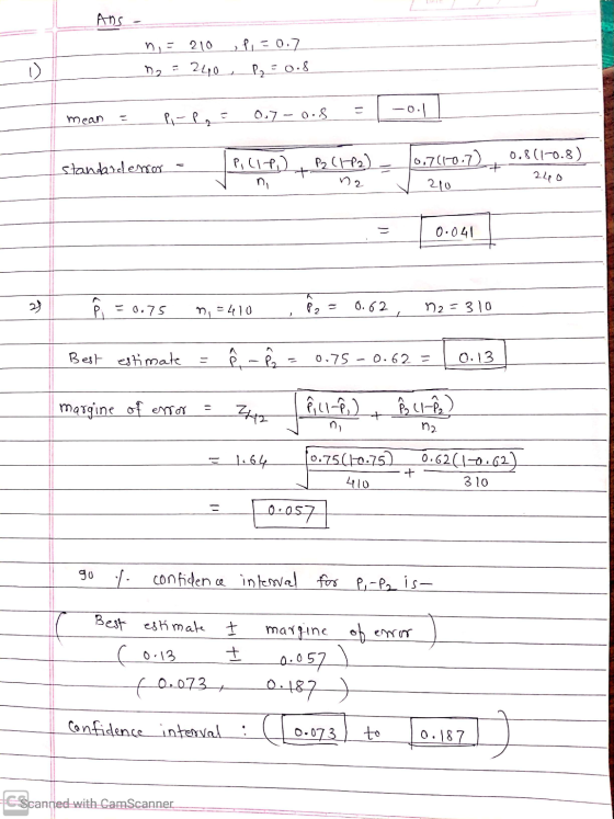 ni = 210 D2 = 240 , Pl=0.7 P2 = 0.8 P-pes mean =_ 0.7 -0.8 = -0.|| L. 7110. 10.7(10.0 P2 (192) - P, (1P) 0.8(1-0.8) standarde
