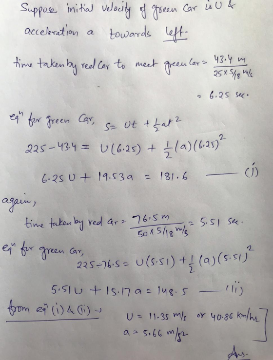 ea for green Car acceleration Suppose initial velocity of green car is U & towards left time taken by red car to meet green l