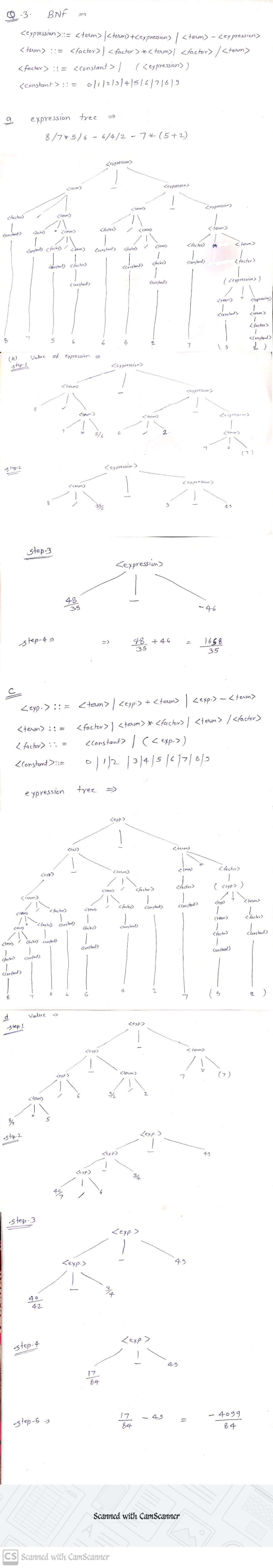 Q-3. BNF <expression>:= <term> <term) + Cexpression> | <tesm) Key pression> <tem) :: = <factor>) < factor > *< term>l <factor