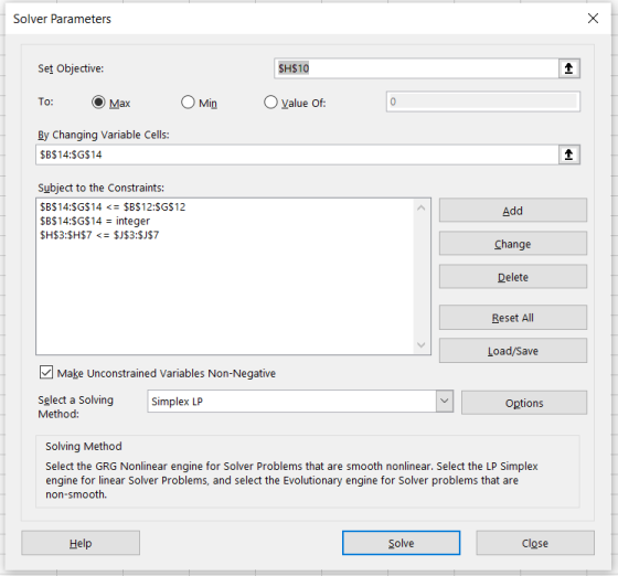 Solver Parameters X Set Objective: $H$10 1 To: Max O Min O Value of: 0 By Changing Variable Cells: $B$14:$G$14 1 Subject to t