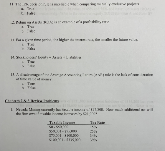 11. The IRR decision rule is unreliable when comparing mutually exclusive projects. a. True b. False 12. Return on Assets (RO