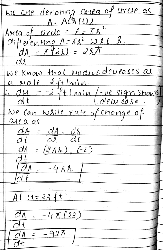 = X we are denoting area of urce as AACKU Area of circle EA=Ts? differenting A=T&² Wet e DA * Yal art de We know that madius
