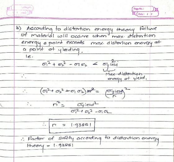 Page Mic.: D Du: b) According to distortion energy theory tallere of material colll ocaure when max. distortion energy a poin