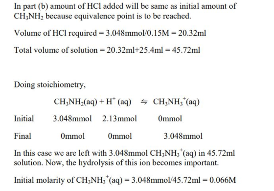 In part (b) amount of HCI added will be same as initial amount of CH3NH, because equivalence point is to be reached. Volume o