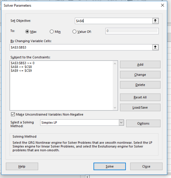 Solver Parameters Set Objective To: ⓔMax OMin。Value Of: By Changing aiable Cells: SAS3:SBS3 Subject to the Constraints: SAS3: