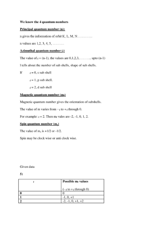 We know the 4 quantum numbers Principal quantum number (n): n gives the information of orbit K, L, M, N. n values are 1,2, 3,