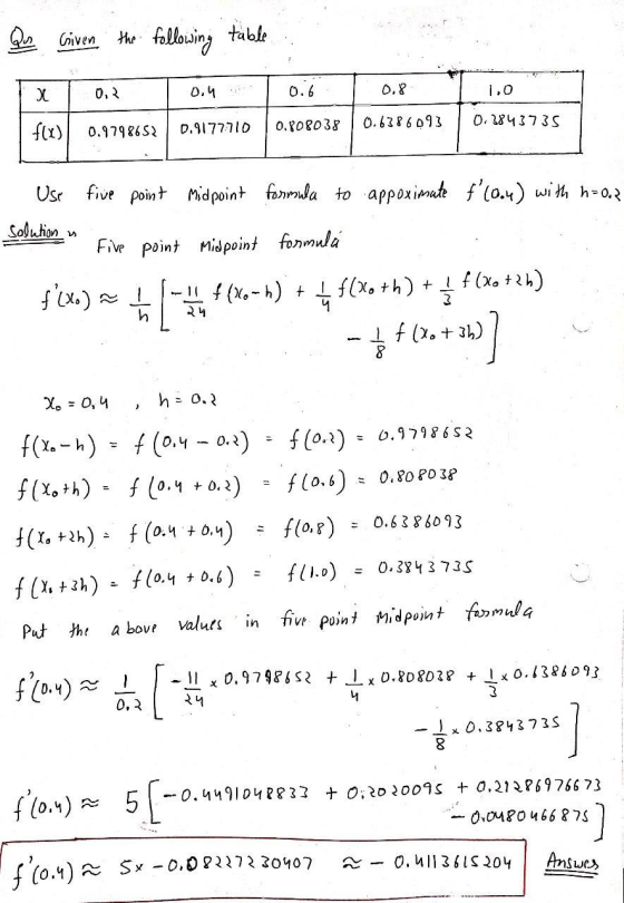Quis Given the following table X 0. 0,4 0.6 0.8 1.0 0.6386093 0.3843735 f(x) 0.9798652 0.9177710 0.808038 Use five point midp