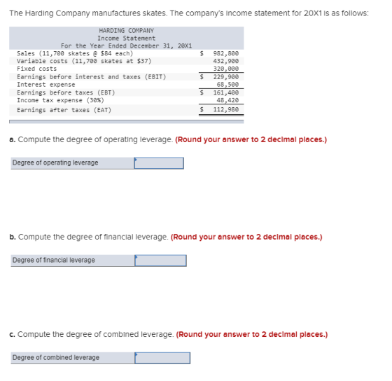 The Harding Company manufactures skates. The companys Income statement for 20x1 is as follows: $ HARDING COMPANY Income Stat