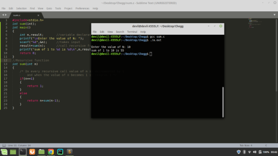 -/Desktop/Chegg/sum.c - Sublime Text (UNREGISTERED) File Edit Selection Find View Goto Tools Project Preferences Help sum.c o