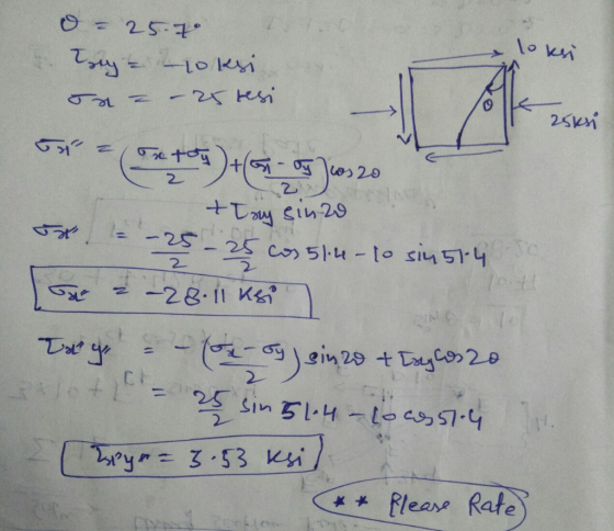 O = 2570 Tuy & 10ksi un = – 25 resi S (73)+(5-05 760320 +tay sinzo 5 -25-25 cos 51.6 - to sin 51-4 T 2 -28 11 ksi Trg -- (or